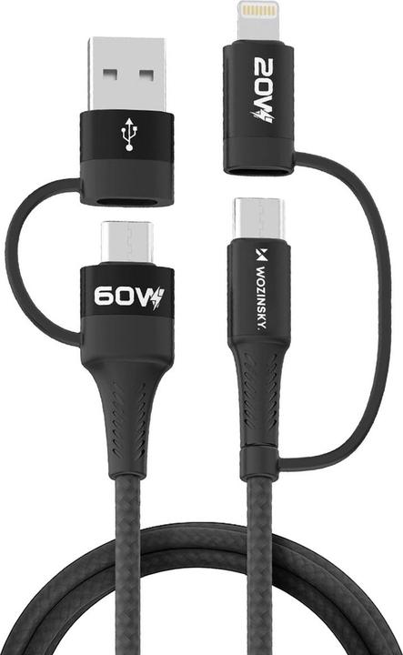 Produktbild Wozinsky WNBAA 4in1 Kabel 2x USB-C 1x USB-A 1x Lightning 60W 1 m - Schwarz (1 m, USB 2.0, 60 W)