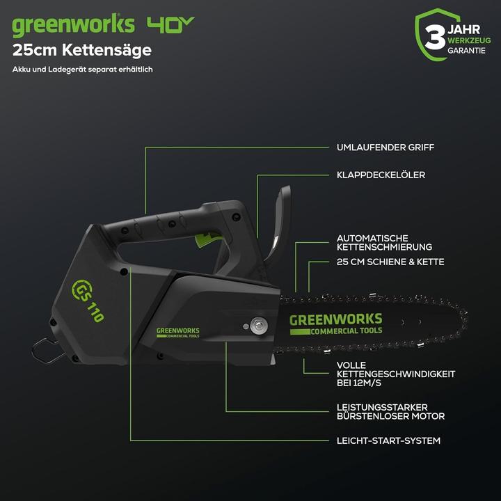 Produktbild Greenworks GD40TCS 40V Kettensäge 10″ (ohne Akku und Ladegerät) (Akku Kettensäge)