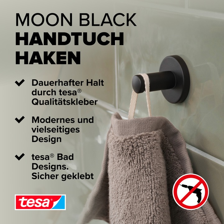 Immagine prodotto tesa MOON BLACK Gancio per asciugamani con soluzione adesiva senza forare