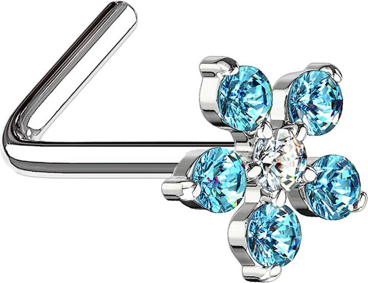 Produktbild Star Piercing Nasenstecker gewinkelt silber Blume Kristall aqua (Messing, Chirurgenstahl 316L)