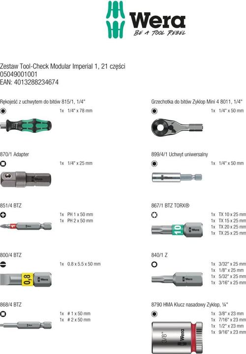 Energie-Label Wera Tool-Check Modular Imperial 1 (Innenvierkant, Kreuz Phillips PH)