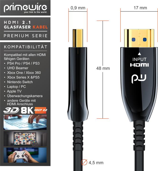 Actual product image Primewire HDMI fibre optic cable 2.1, type A, UHD, 8K @ 120Hz, 4k @ 240Hz with DSC, HDR10+, 3D, eARC, HDCP 2.3 (15 m, HDMI, 2.1)