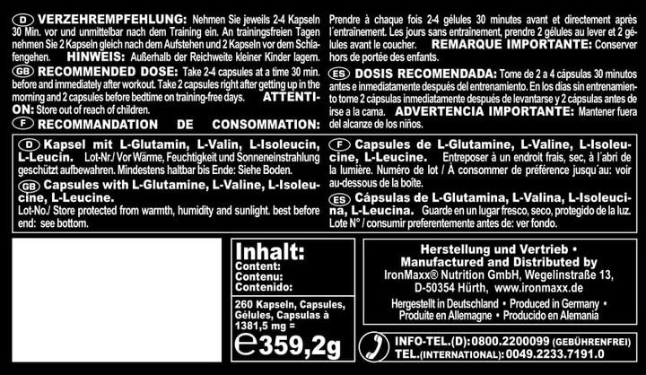 Valori nutrizionali e ingredienti IronMaxx BCAA e glutammina 1200 (1 Pezzo/i, Pillole, 357 g)