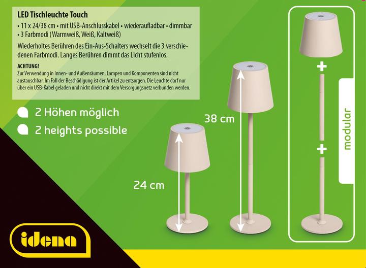 Produktbild Idena LED Tischleuchte Touch Metall beige 11x24/38cm Akku USB dimmbar 3 Modi Innen und Aussen