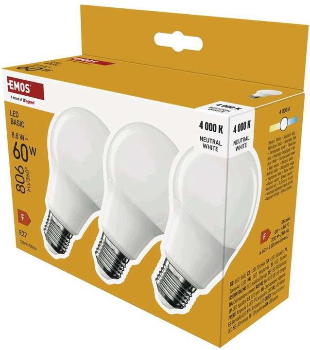 Actual product image Emos LED Lampe Basic A60 / E27 / 8,8 W (60 W) / 806 lm / Neutral Weiss (E27, 806 lm, 3x)