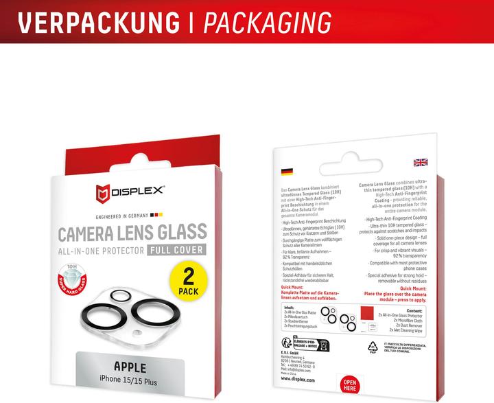 Produktbild Displex Full Cover Camera Lens Glass, Kamera Schutzglas, Platte, Doppelpack (2 Stück, Apple iPhone 15 Plus, Apple iPhone 15)