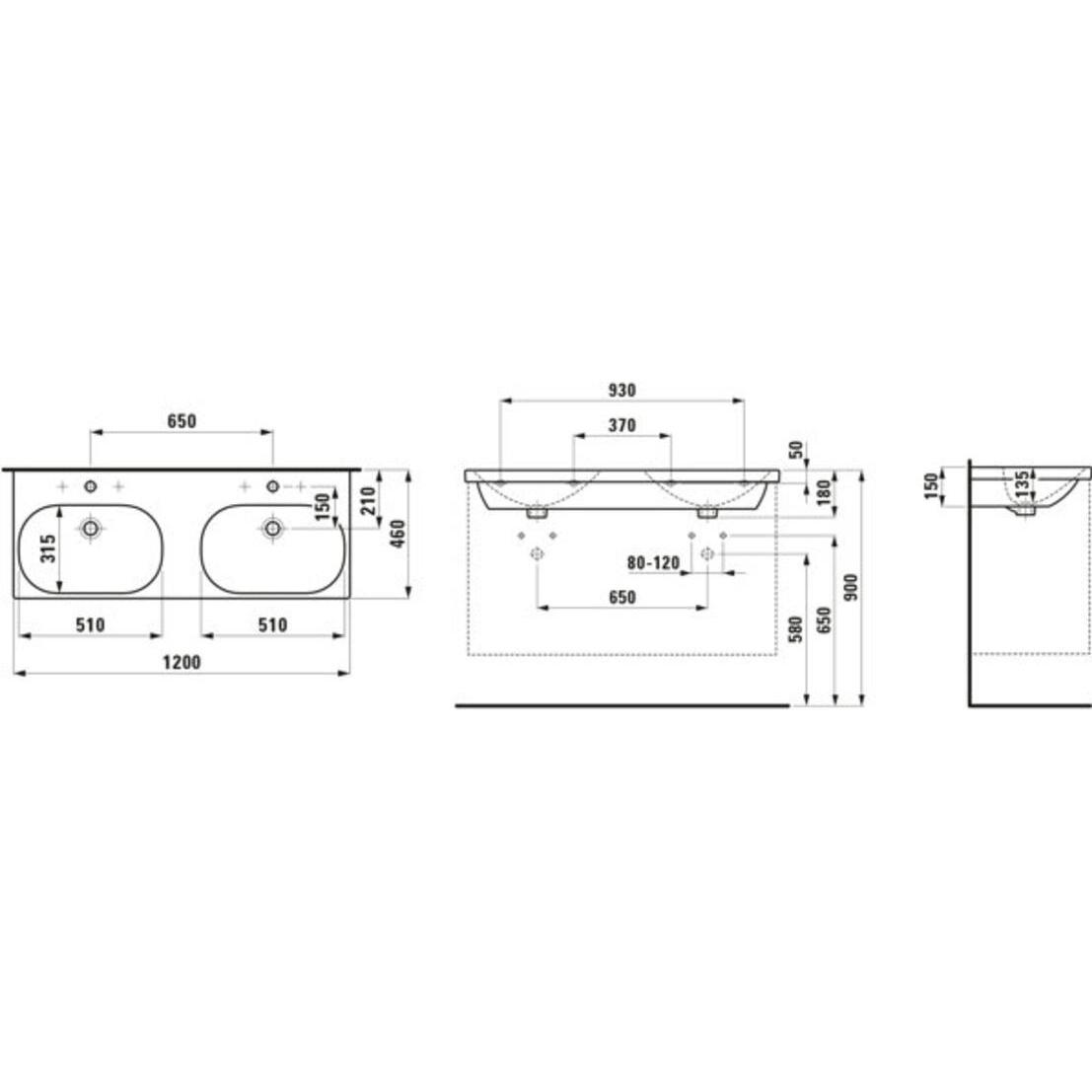 Thumbnail - Laufen, Waschbecken, Doppelwaschtisch LUA 120x46cm unterbauf m ÜL 1 HL-A weiss (460 mm, 1200 mm)