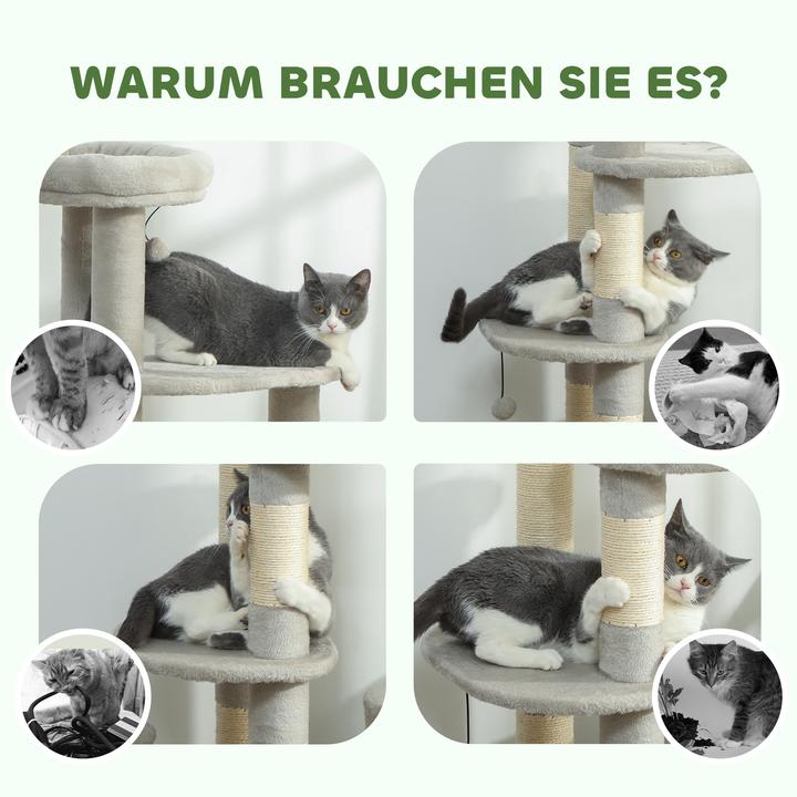 Produktbild PawHut Kratzbaum Spanplatte, Polyester Hellgrau (114 cm, Hellgrau)