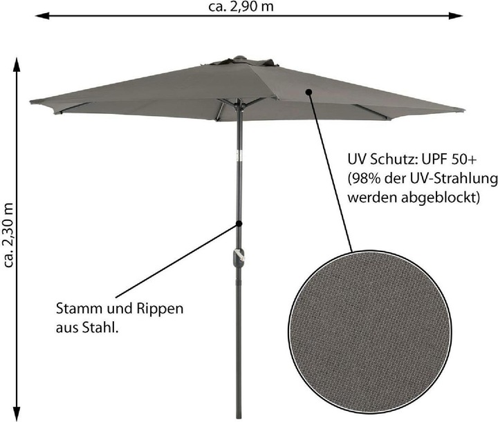 Produktbild VCM Sonnenschirm 2,90m Anthrazit mit Kurbel neigbar wasserabweisend UV Schutz 50+