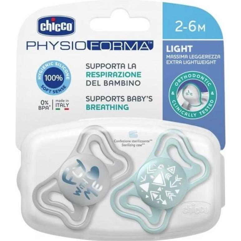 Chicco Grigio/Blu Ciuccio, Succhietto Fisiologico Physio Forma Light Silicone 2-6M 2 Pz. (2X, 0 - 6 Mesi)