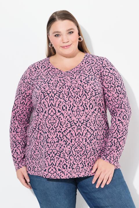Image du produit Ulla Popken T-shirt avec plis fantaisie, décolleté en V et manches 3/4, coupe évasée (58)