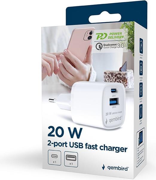 Image du produit Gembird CHARGER USB UNIVERSAL 20W WHT/2P AC TA-ACPDQC20-01-W (20 W, 2 ports)