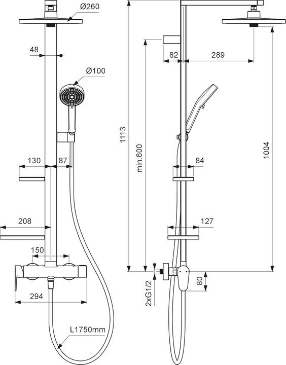 Actual product image Ideal Standard Shower system Alu+: Ceraflow shower mixer 2 shelves, 2F hand shower, 2F overhead shower