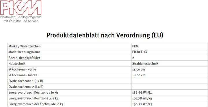 Nutritional values and ingredients PKM Domino Kochfeld 28,8 x 52 cm 2 Kochzonen EB-DCF-2X (28.80 cm, Electric hob)