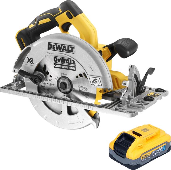 1x sega circolare a batteria DeWalt DCS 572, 1x batteria DeWalt DCBP 518 18 V 5.0 Ah Powerstack, senza caricabatterie