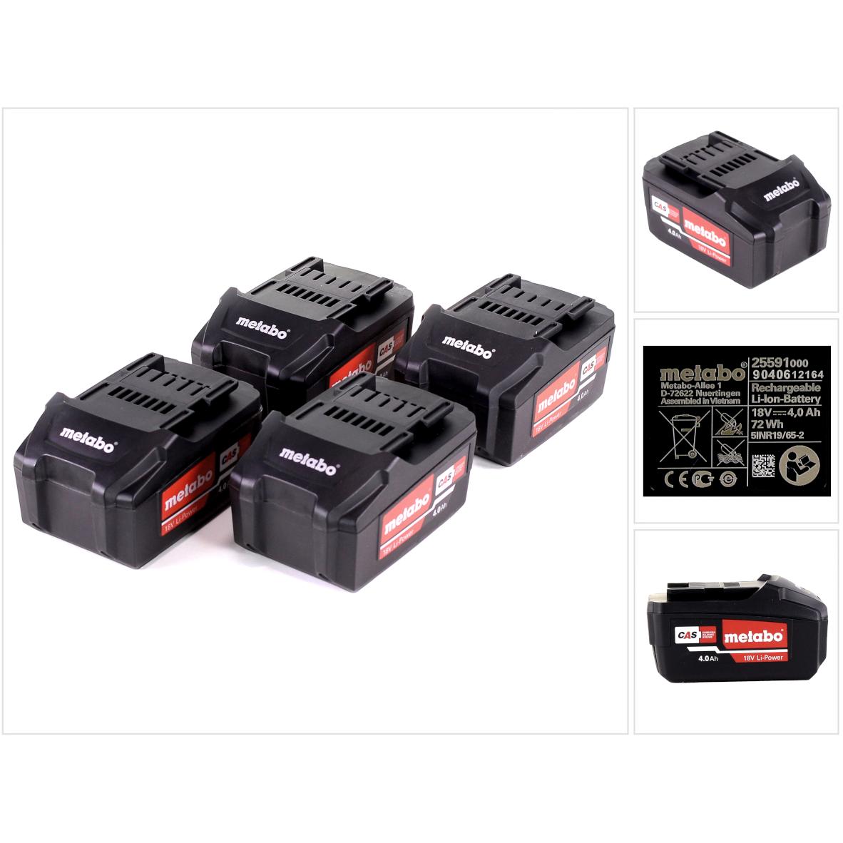 Metabo, Werkzeugakku + Ladegerät, Akku Set 4x Li-Power Akkupack 18 V 4,0 Ah CAS Li-Ion Akku ( 4x 625591000 ) mit Ladesta...