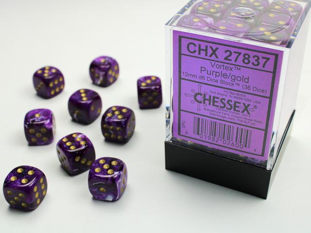 Chessex Vortex® 12mm d6 Purple/gold Dice Block (36 dice)