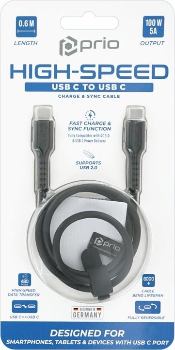 Produktbild prio High-Speed Charge & Sync USB C auf USB C Kabel 5A 0,6m schwarz (0.60 m)