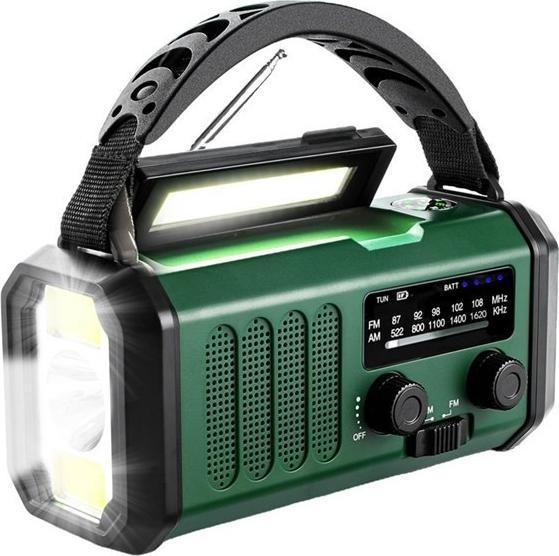 Produktbild Lippa FM nødradio, håndsving, solcellepanel, kompas, 10.000 mAh powerbank, Grøn - AM/FM - Mono - Grøn
