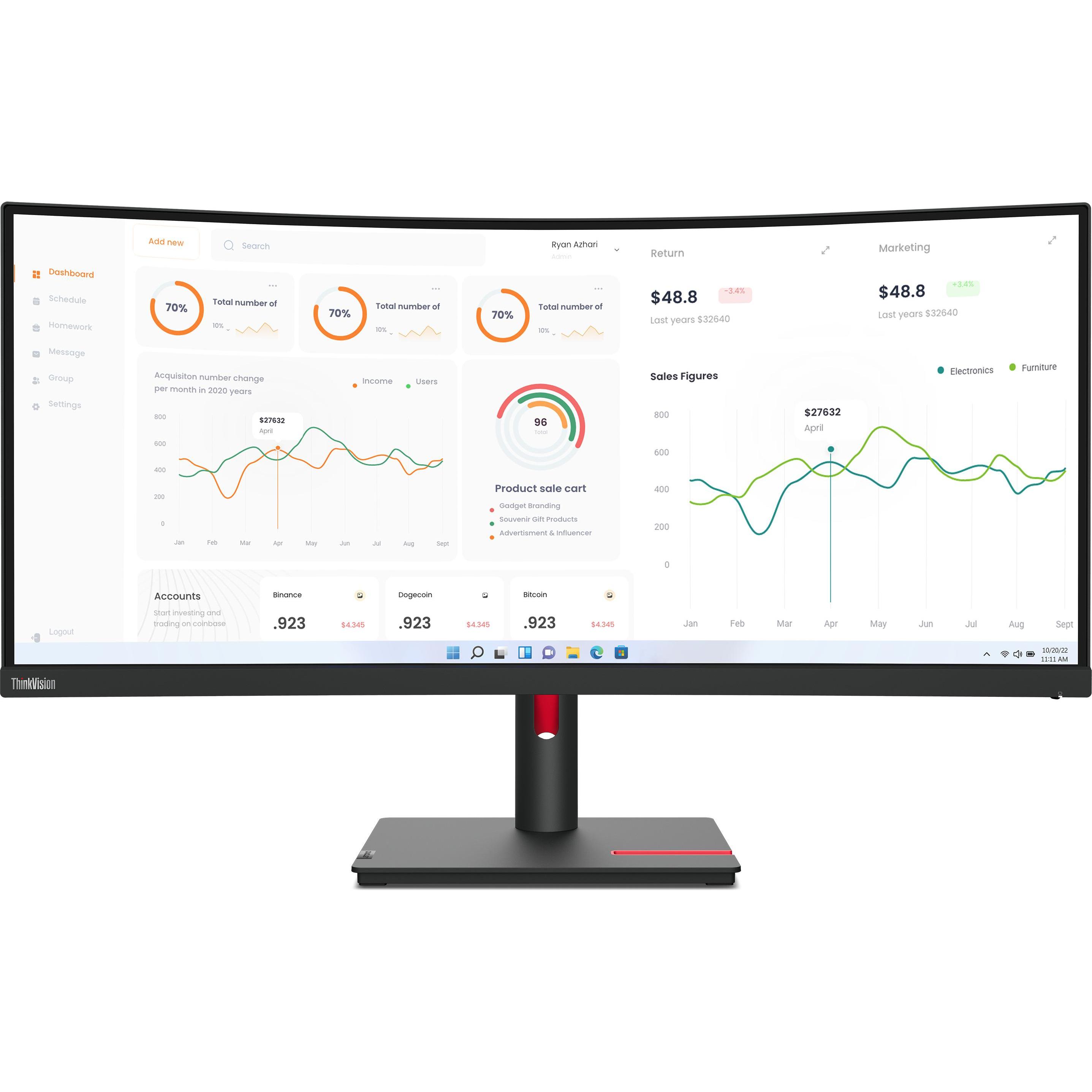 Lenovo ThinkVision T34w-30 (3440 x 1440 Pixel, 34"), Monitor, Schwarz