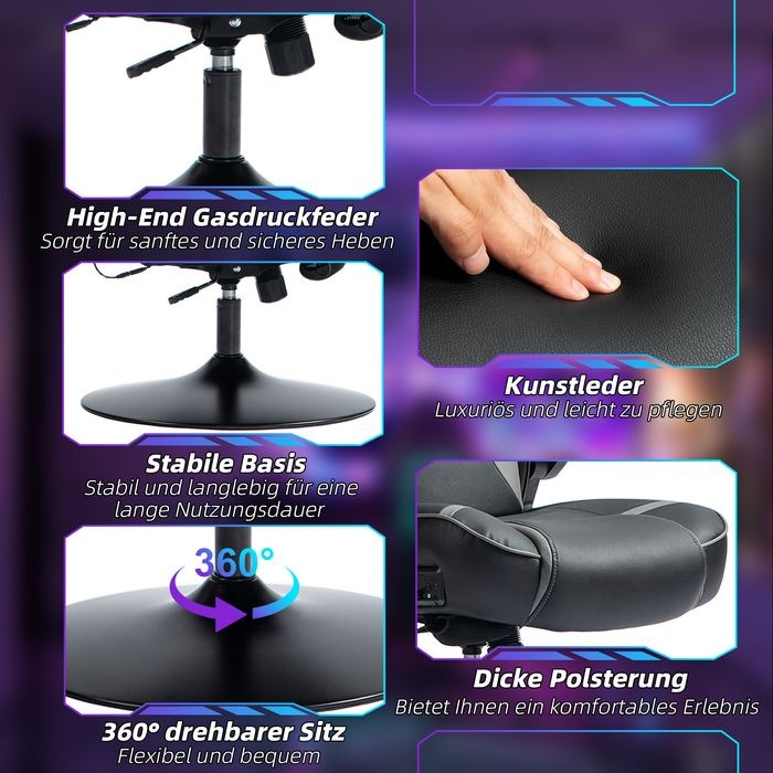 Produktbild Swisshandel24 Gaming Stuhl mit Wippen- und Schaukelfunktion, ergonomisch, bis 120 kg, Schwarz+Grau