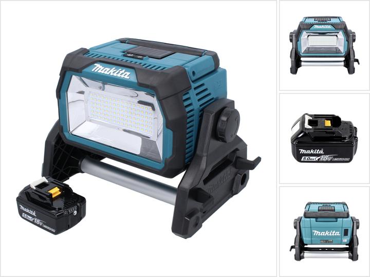 1x Makita DML 809 Akku LED Baustrahler, 1x Makita BL 1850 B 18 V 5,0 Ah Akku, 1x Netzwerkkabel, ohne Ladegerät