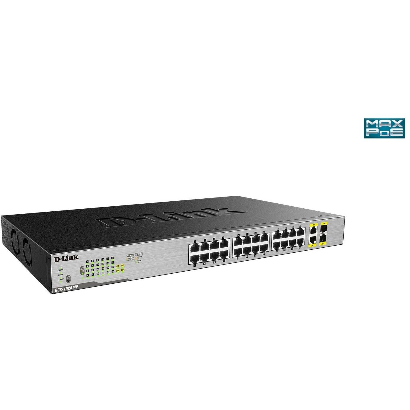 D-Link 26-PORT LAYER2 POE+ GB SWITCH (24 Ports), Netzwerk Switch, Grau, Schwarz