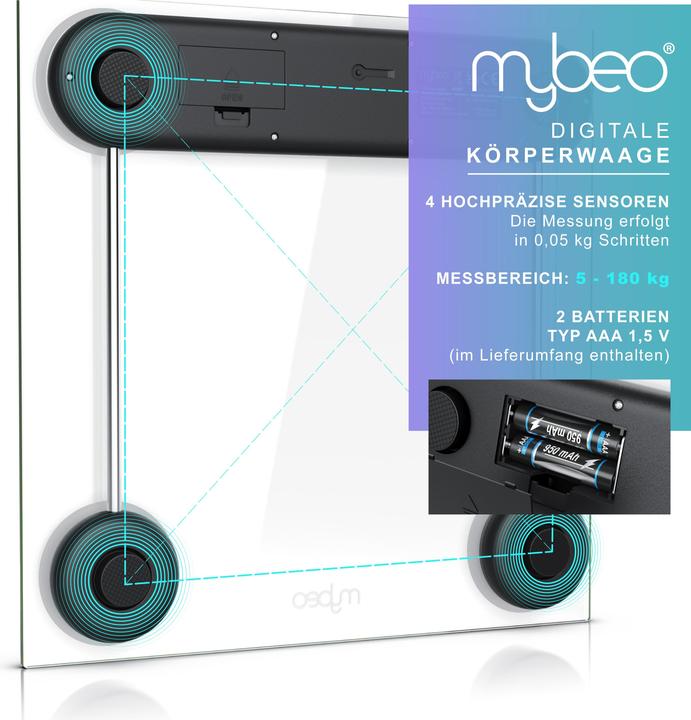 Actual product image Mybeo Digitale Waage für Personen, grosse Trittfläche aus 6mm Sicherheitsglas, Digitalwaage, Personenwaage (180 kg)