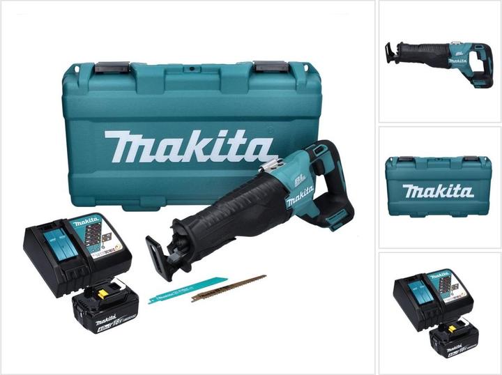 1x Makita DJR 187 18 V Akku Reciprosäge, 1x Makita BL 1840 B 18 V 4,0 Ah Akku, 1x Makita DC 18 RC Ladegerät, 2x Makita Sägeblätter, 1x Makita Transportkoffer