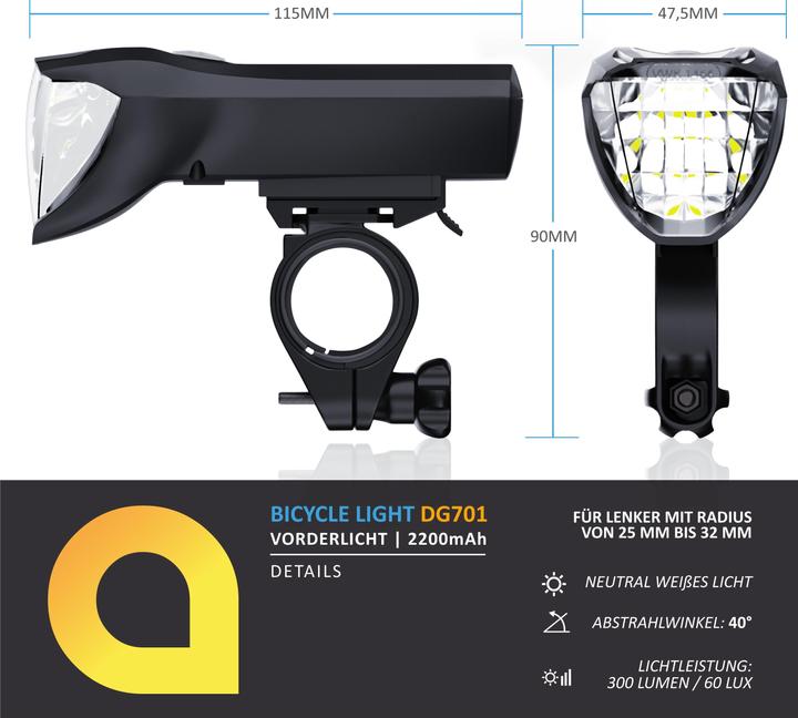 Produktbild Aplic LED Fahrradlicht, Frontlicht, Akku Fahrrad Vorderlicht mit 50 LUX, Velolicht, StVZO zugelassen (300 lm)