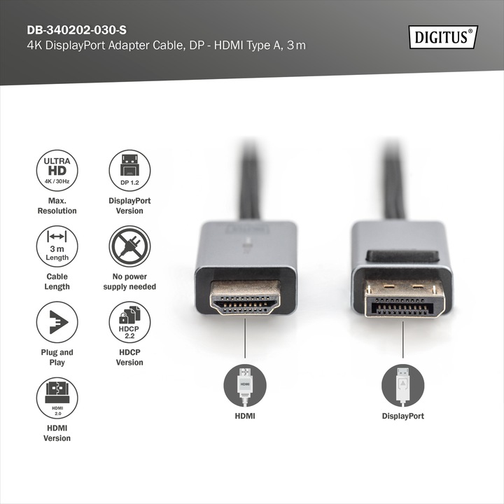 Produktbild Digitus DisplayPort — HDMI (Typ A) (3 m, DisplayPort)