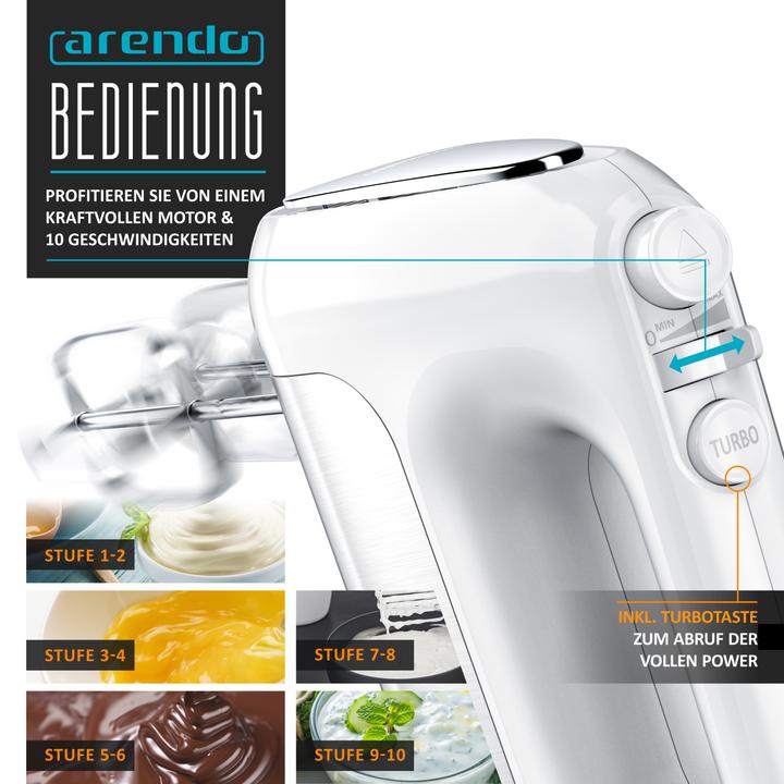 Produktbild Arendo Handmixer, Elektrischer Handrührer inkl. 2 Quirle & 2 Knethaken aus Edelstahl, Handrührgerät 500 W (500 W)