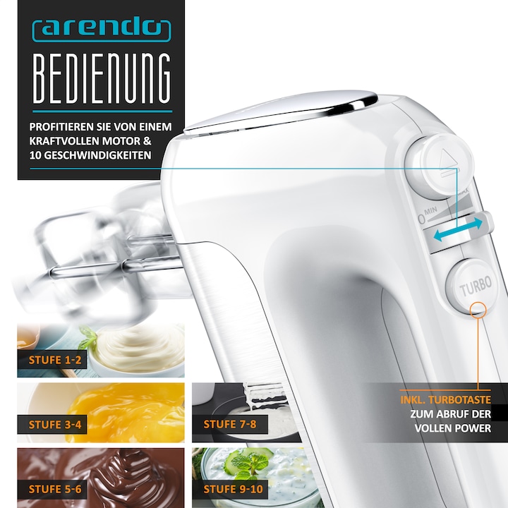 Actual product image Arendo Hand mixer, electric hand mixer incl. 2 whisks & 2 dough hooks made of stainless steel, hand mixer (500 W)