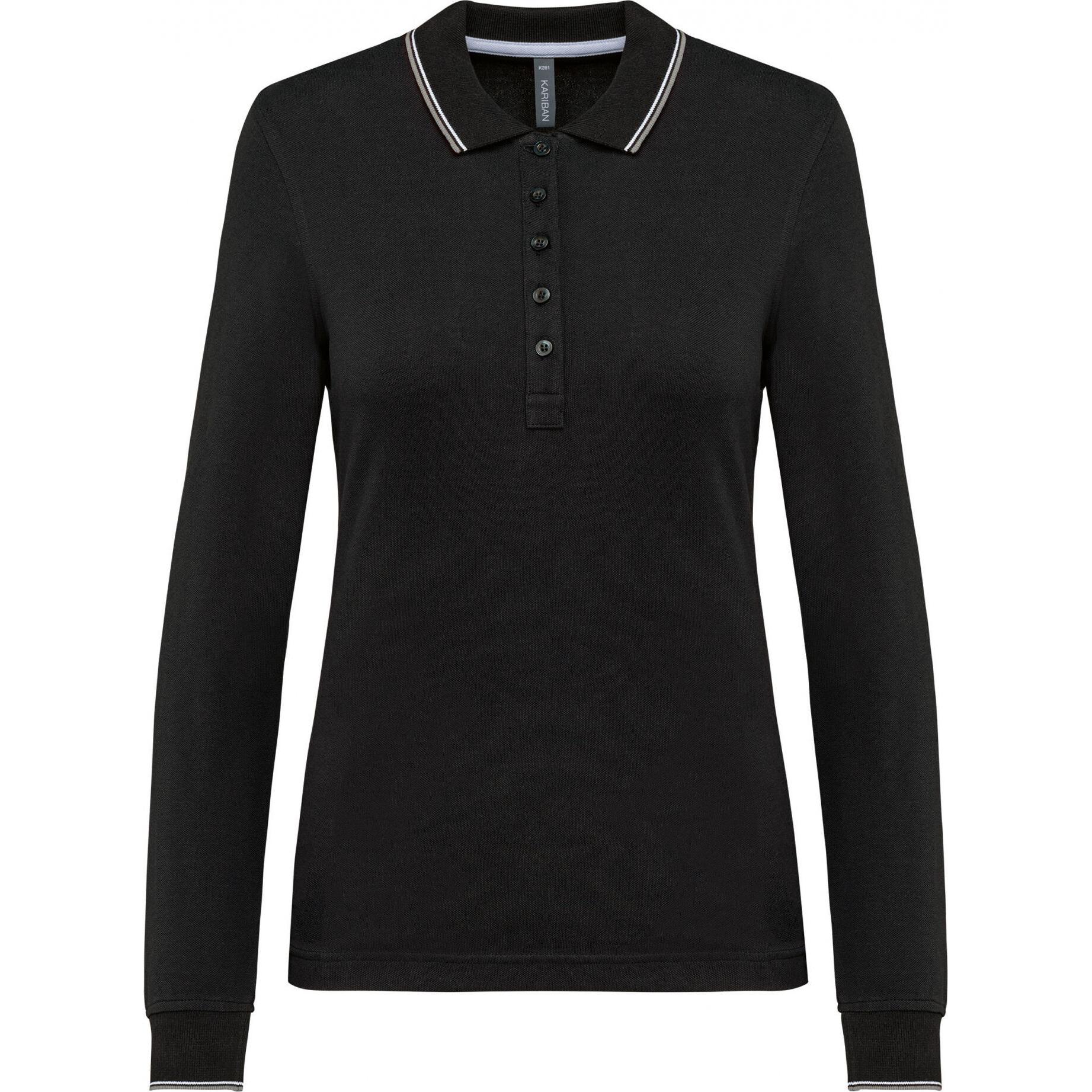 Kariban, Damen, Shirt, Polo-Shirt aus Piqué-Strick langarm, Damen, Schwarz, Grau, Weiss, (L)