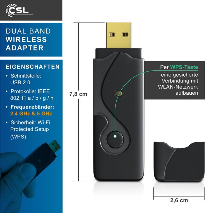 Produktbild CSL WLAN USB Adapter 600 MBit/s Dual Band Stick WiFi Adapter 300 Mbps 2,4GHz 300 Mbps 5GHz Windows 11 (USB 2.0)