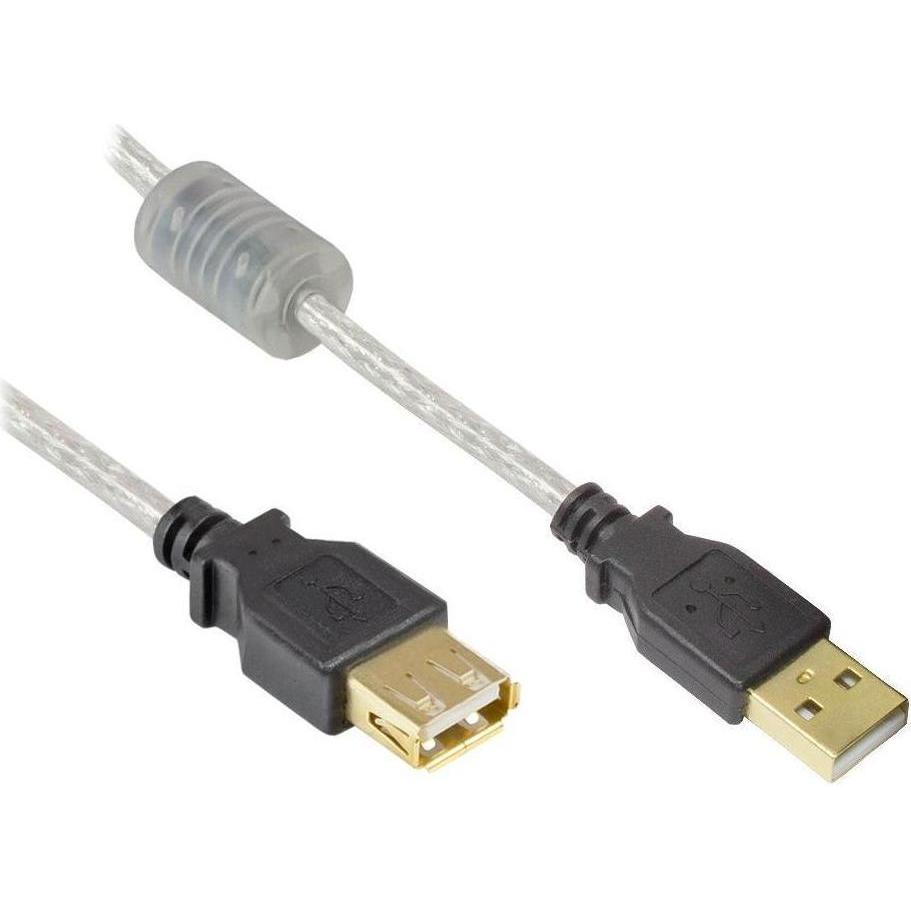 Varia Verlängerung USB 2.0 Stecker A an Buchse A, High Quality mit Ferritkern, transparent, 5m, Cavo USB