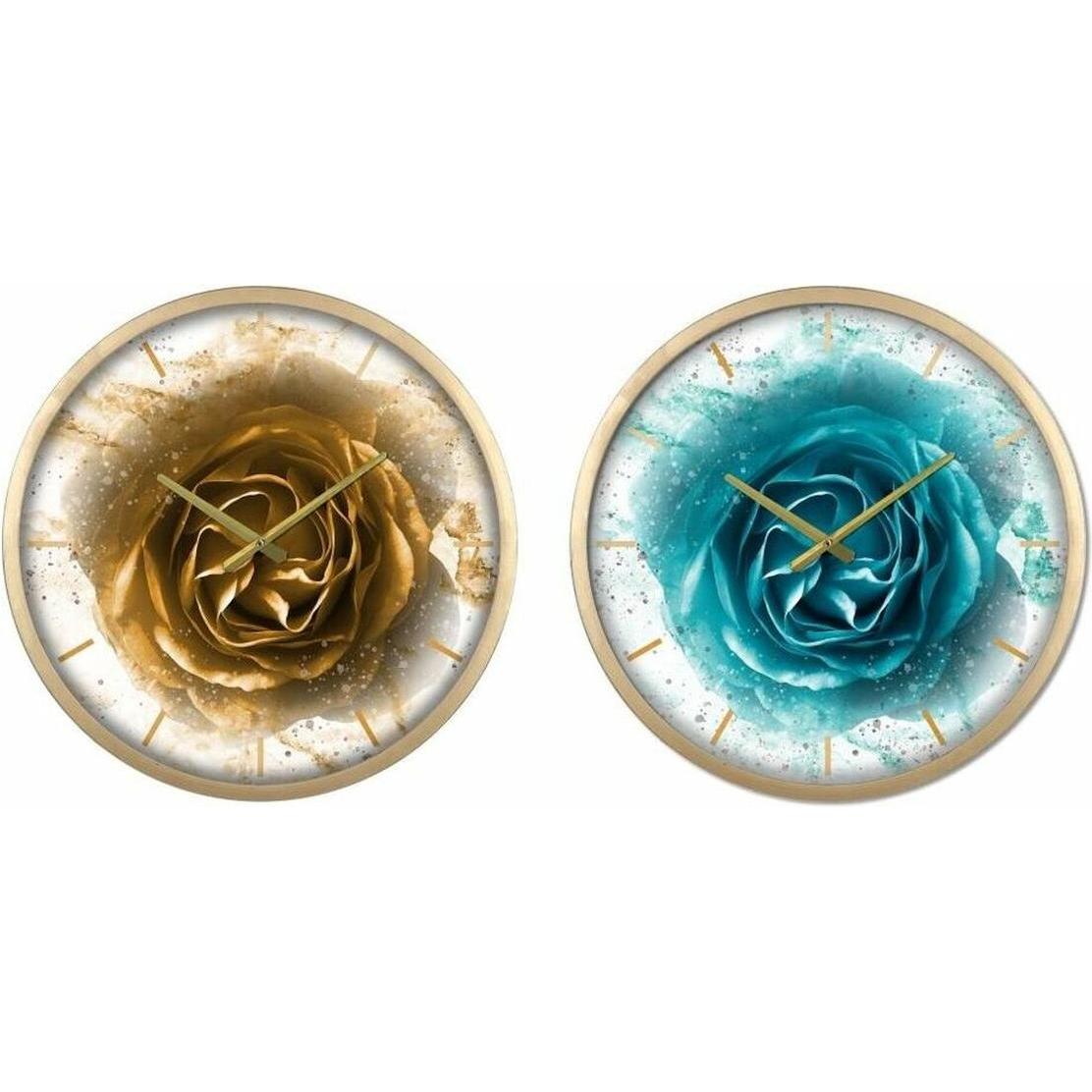 DKD Home Decor, Orologio da parete, Wanduhr Kristall Gold türkis Eisen Rosen Moderne (2 Stück) (40 x 6 x 40 cm)