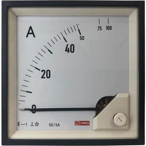 RS PRO, Misuratore energia, Amperometro 10 (Input) A, 100 (Scle) A, 50/5 (CT) A AC Ferro mobile, 92mm x 92mm D. 54 (<30 A) m