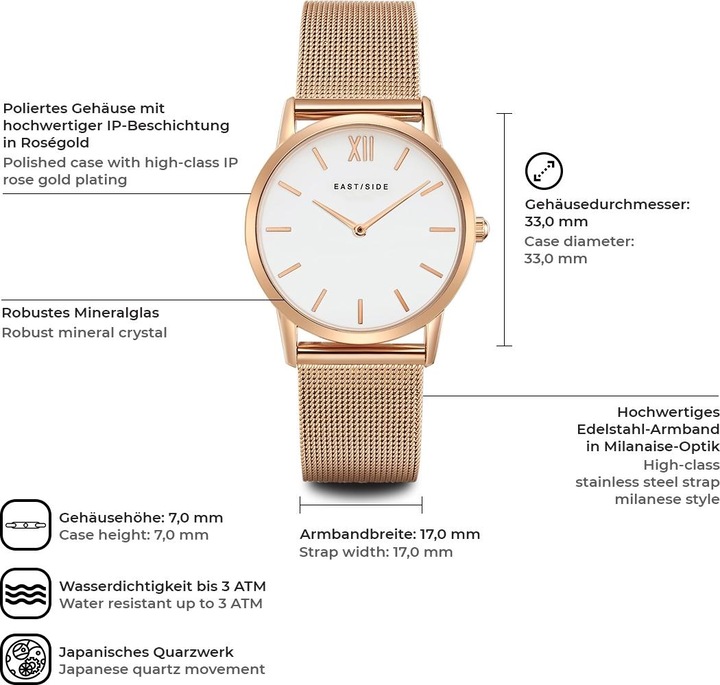 Actual product image Eastside Ladies quartz watch Upper Union stainless steel rose gold - 9770 (Analogue wristwatch, 33 mm)