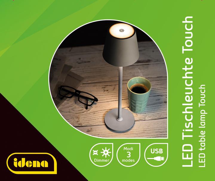 Produktbild Idena LED Tischleuchte Touch Metall grau 11x24/38cm Akku USB dimmbar 3 Modi Innen und Aussen