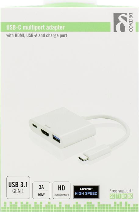 Actual product image Deltaco USBC-HDMI3 interface hub USB 3.2 Gen 1 (3.1 Gen 1) Type-C White (USB-C, 3 ports)