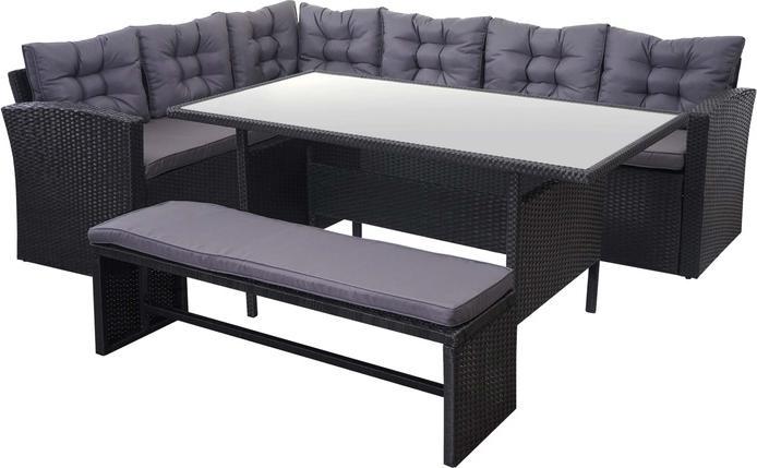 Swisshandel24 Poly-Rattan-Garnitur, Gartengarnitur Sitzgruppe Lounge-Esstisch-Set, schwarz - Kissen dunkelgrau, mi