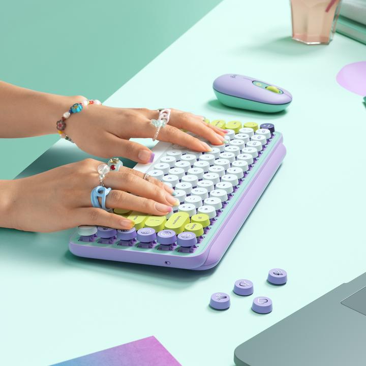 Produktbild Logitech Pop Keys, Mini, RF Wireless + Bluetooth, Mechanischer Switch, QWERTY, Mintfarbe, Violett, W (Eng. Int.)