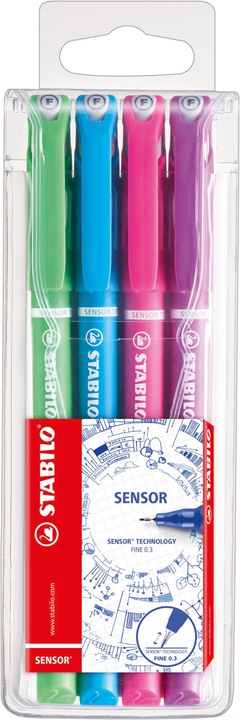 Produktbild STABILO SENSOR F Finliner mit gefederter Spitzer (Rosa, Lila, Blau, Grün, 4 x)
