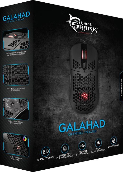 Actual product image White Shark Extremely light gaming mouse Galahad Black, 72g (Cable)