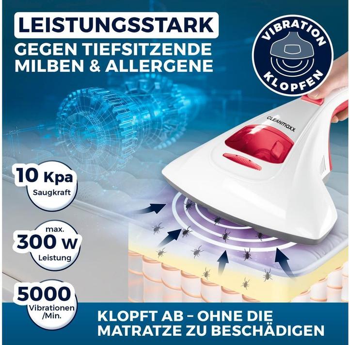 Produktbild CleanMaxx Milben-Handstaubsauger mit UV-C-Licht 300W, Weiss/Rot