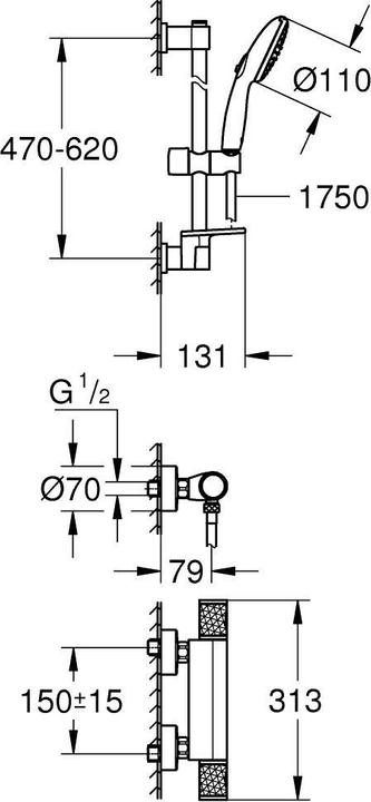 Produktbild Grohe Precision Feel QuickFix Thermostat-Duscharmatur und Vitalio Start 110 Brausestangenset, Länge 600mm
