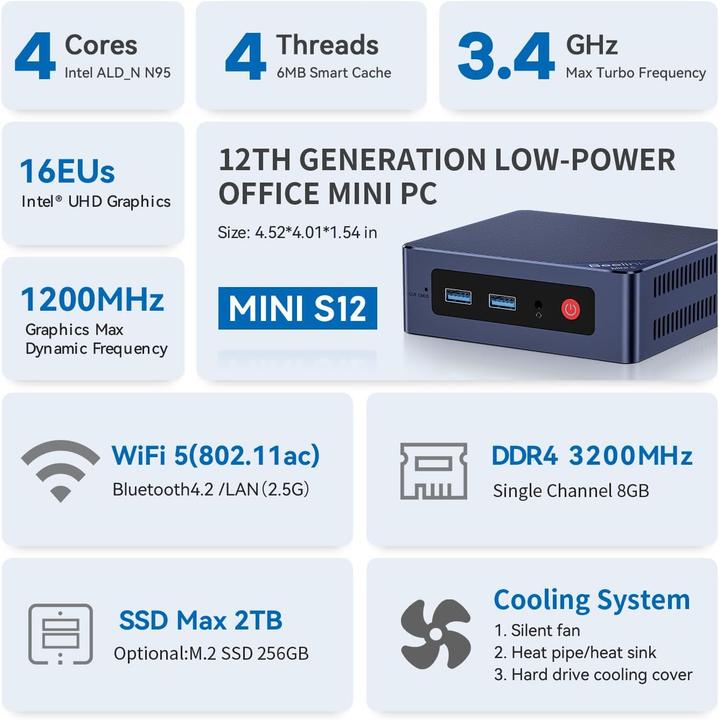 Produktbild Beelink Mini PC Mini S12 mit Intel N95 Prozessor, 12G DDR4 RAM