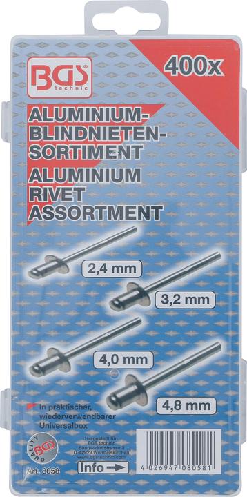 Immagine prodotto BGS Assortimento di rivetti ciechi | alluminio | Ø 2,4 - 4,8 mm | 400 pezzi.