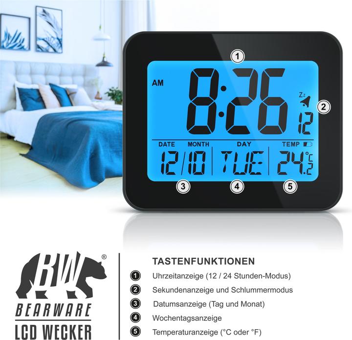 Actual product image Bearware Wecker digital, Reisewecker kompakt mit Temperaturanzeige Schlummerfunktion, Messung Temperatur